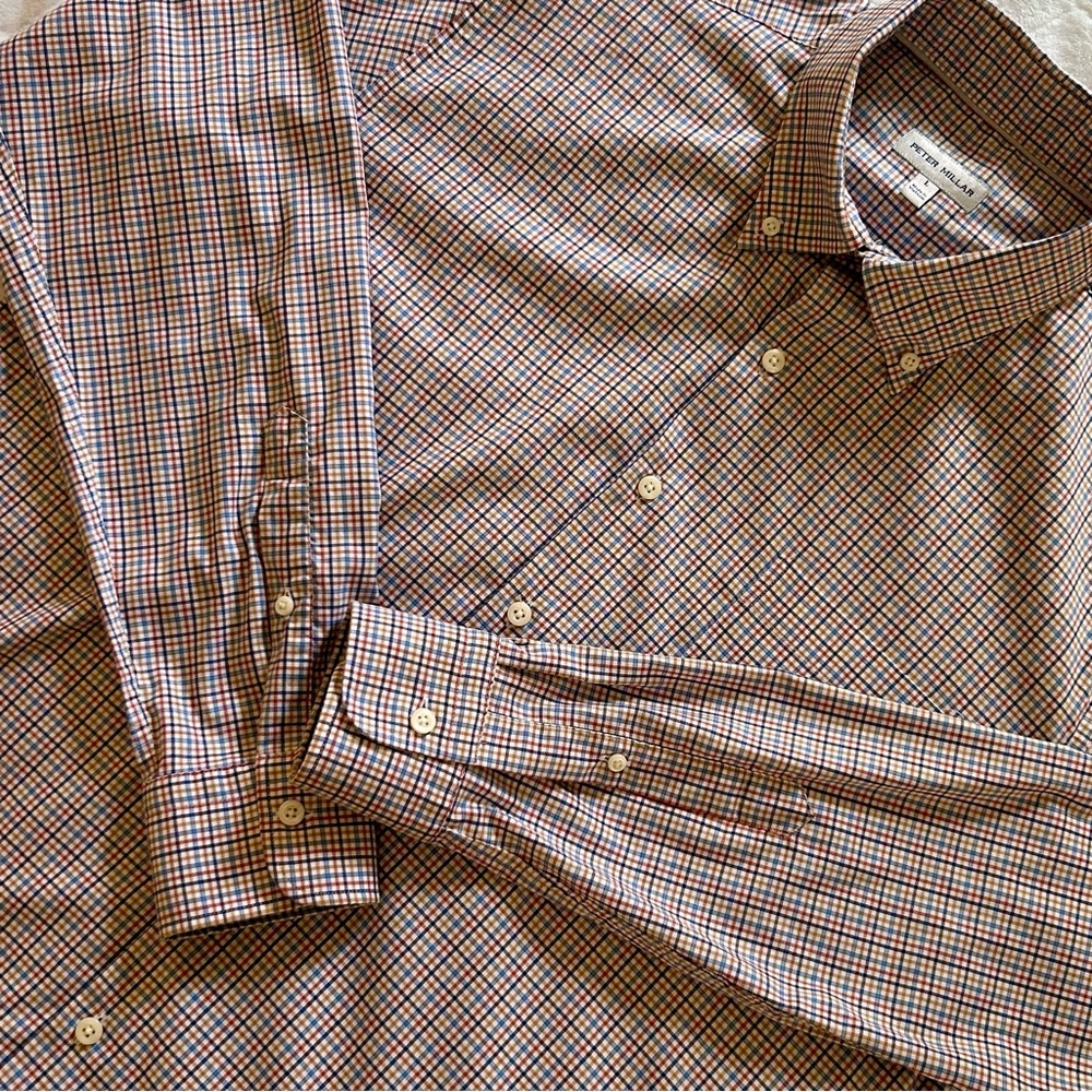 Peter Millar Men's Plaid Dress Shirt - Red, Blue, White Size Large